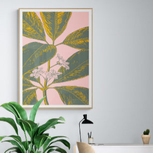 Póster Dibujo botánico del borde de la palmera rosa y ver