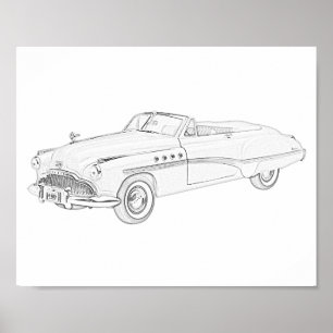 Póster Dibujo Buick Roadmaster de 1949 en blanco y negro