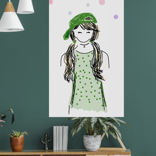 Póster Dibujo caprichoso Moderno Chica Vestido verde y Go (Salón 1)