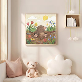 Póster Dibujo con crayones de un lindo topo y flores niño