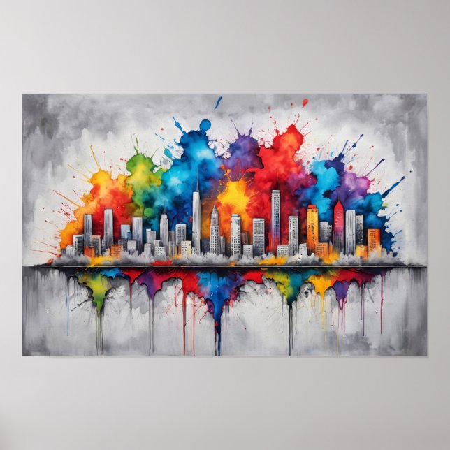 Póster Dibujo con tinta salpicada con horizonte de rascac (Frente)
