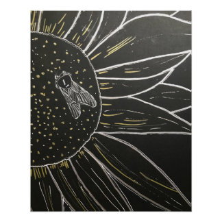 Póster Dibujo de abeja en flor de línea fina