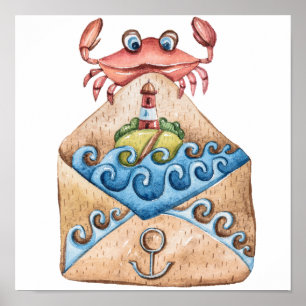 Póster Dibujo de acuarela de cangrejo