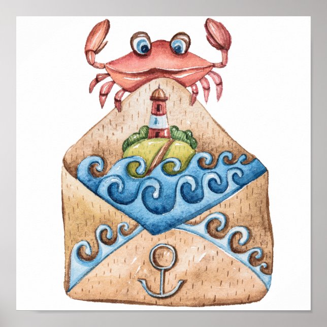 Póster Dibujo de acuarela de cangrejo (Frente)