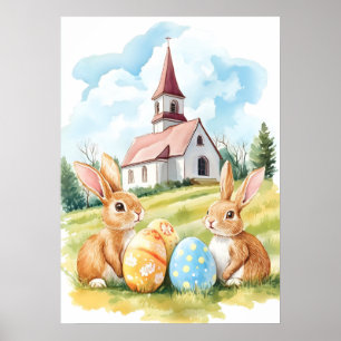 Póster Dibujo de acuarela de iglesia de conejo de Pascua