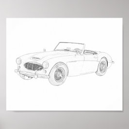 Póster Dibujo de Austin Healey en blanco y negro 1960