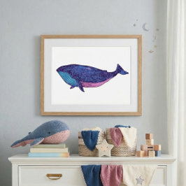 Póster Dibujo de ballena adorable en azul océano