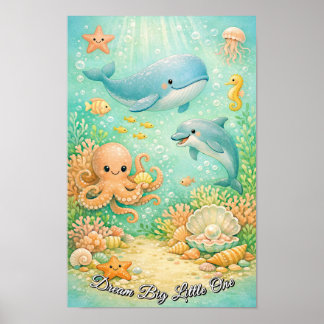 Póster Dibujo de ballena pulpo caballito de mar océano pa