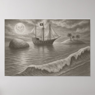 Póster Dibujo de barco pirata iluminado por la luna – Fan