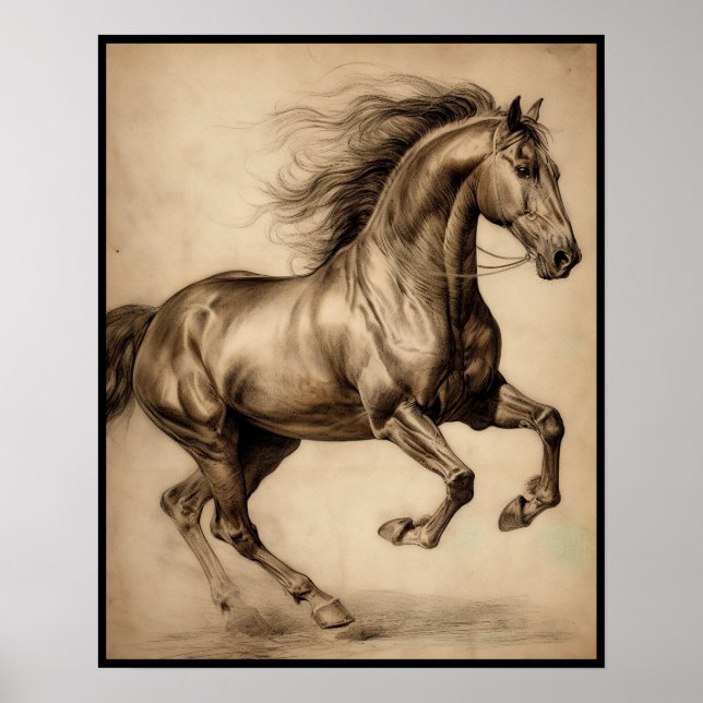 Póster Dibujo de caballos, poster de lápiz de carbón vege (Frente)