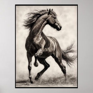 Póster Dibujo de caballos, poster de lápiz de carbón vege
