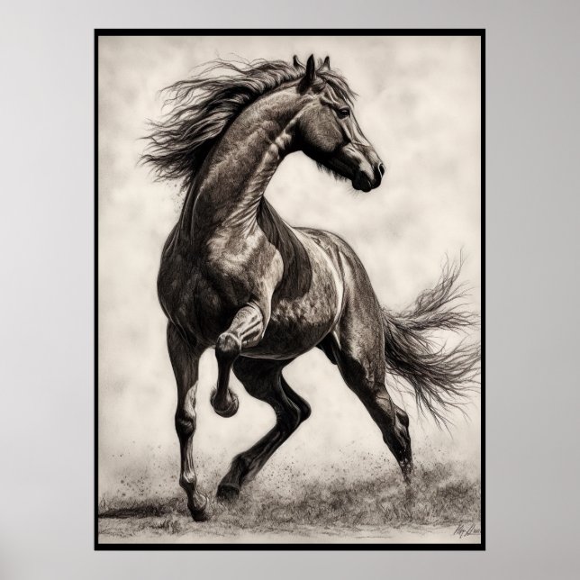 Póster Dibujo de caballos, poster de lápiz de carbón vege (Frente)