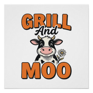 Póster Dibujo de camiseta vintage Funny Cow Grill And Moo