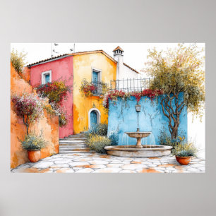 Póster Dibujo de color de Ilustracion de las casas rurale