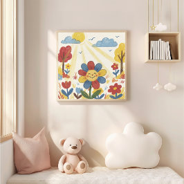 Póster Dibujo de crayón de flor linda en el sol niño