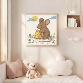 Póster Dibujo de crayón de ratón lindo comiendo queso hec