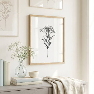 Póster Dibujo de Flor de Tinta Minimalista en Negro