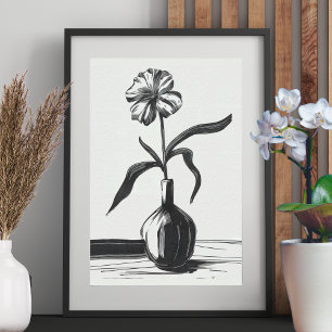 Póster Dibujo de flor de tinta minimalista en negro