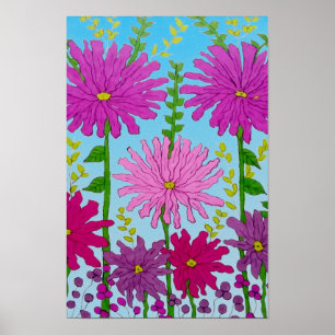 Póster Dibujo de flor rosa vívido sobre azul