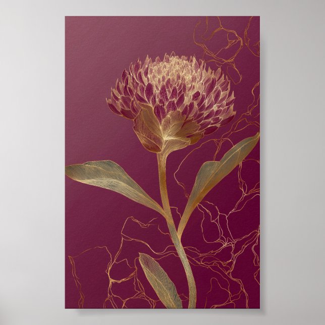 Póster Dibujo de flores botánicas en oro rojo intenso (Frente)