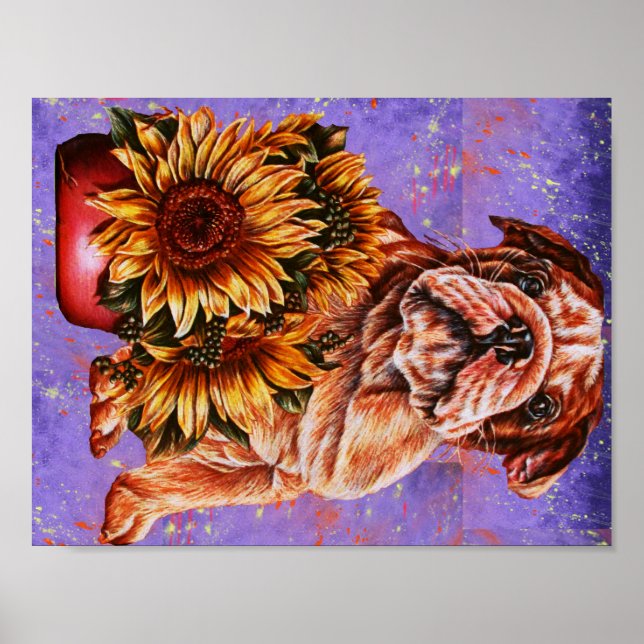 Póster Dibujo de girasoles de Bulldog en pintura morada (Frente)