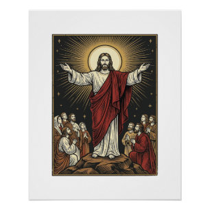 Póster Dibujo de grabado cristiano Gloria radiante Jesús
