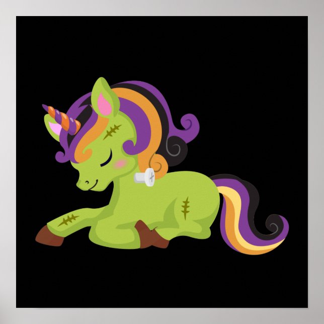 Póster Dibujo de Halloween de Cute Frankenstein Unicorn (Frente)