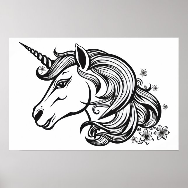 Póster Dibujo de la cabeza de unicornio. (Frente)