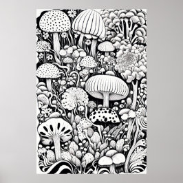 Póster Dibujo de la línea de hongos