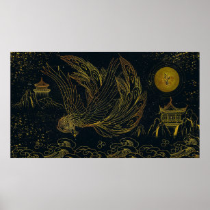 Póster Dibujo de la línea de pavo real dorado chino negro