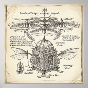 Póster Dibujo de la máquina voladora renacentista