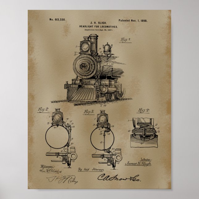 Póster Dibujo de la patente del faro de tren (Frente)