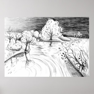 Póster Dibujo de lápiz árboles de la naturaleza relajante