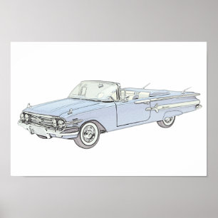 Póster Dibujo de lápiz convertible Chevy Impala azul 1960
