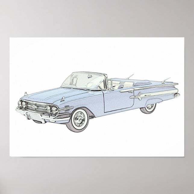 Póster Dibujo de lápiz convertible Chevy Impala azul 1960 (Frente)