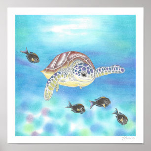 Póster Dibujo de lápiz de color de tortuga marina Impresi