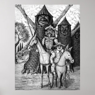 Póster Dibujo de lápiz de tinta don Quijote y Sancho Panz