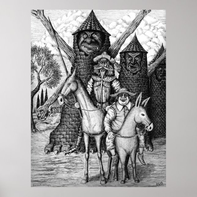 Póster Dibujo de lápiz de tinta don Quijote y Sancho Panz (Frente)