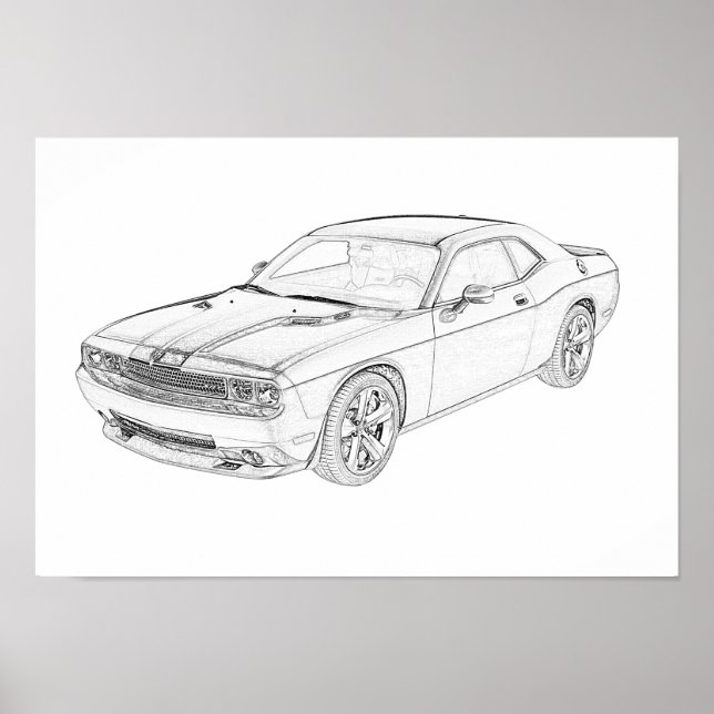 Póster Dibujo de lápiz del Challenger de Dodge en blanco  (Frente)
