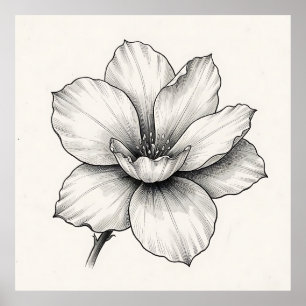Póster Dibujo de línea de flor botánica vintage con tinta