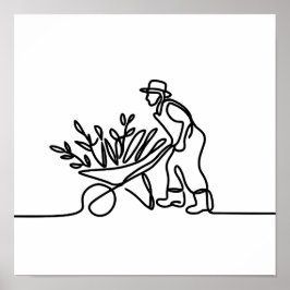 Póster dibujo de línea de un agricultor o jardinero