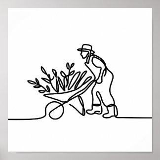 Póster dibujo de línea de un agricultor o jardinero