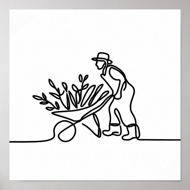 Póster dibujo de línea de un agricultor o jardinero (Frente)