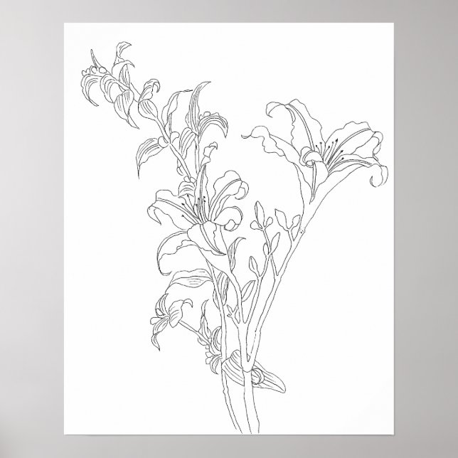 Póster dibujo de línea diurna en blanco y negro (Frente)
