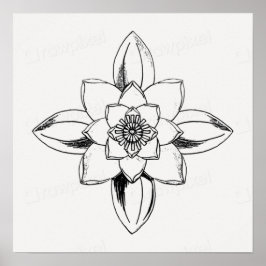 Póster Dibujo de línea en blanco y negro de flor de nenúf