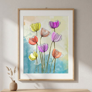 Póster Dibujo de línea fina floral en acuarela vibrante