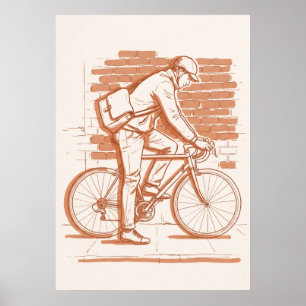 Póster Dibujo de línea sepia de mensajero en bicicleta vi