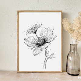 Póster Dibujo de líneas de flor en blanco y negro