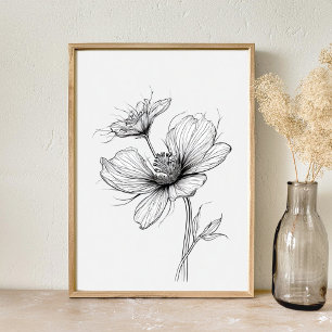 Póster Dibujo de líneas de flor en blanco y negro