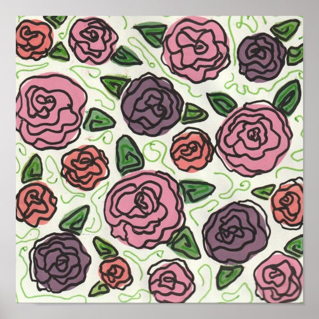 Póster Dibujo de líneas simples de Rosas rojos y púrpura (Frente)